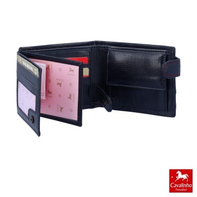 Carteira masculina em pele preta com interior rosa decorado com cavalos e vários compartimentos.