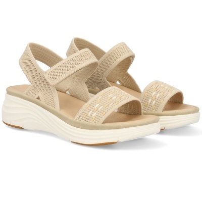 Sandálias bege com tiras largas de tecido e sola branca grossa