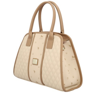 Mala de senhora bege e castanha com padrões e alças duplas