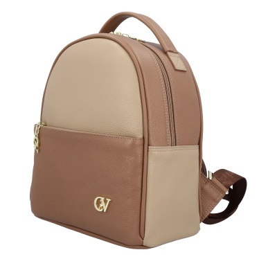 mochila castanha e bege em pele sintética com alças e fecho dourado