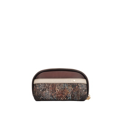 Necessaire em tecido estampado com detalhes em couro falso castanho e bege, fecho dourado