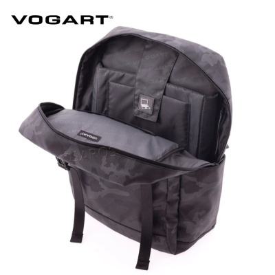 Mochila Vogart preta camuflada aberta mostrando interior acolchoado e divisórias