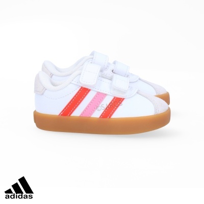 Ténis infantis Adidas branco com riscas vermelha e rosa e sola castanha