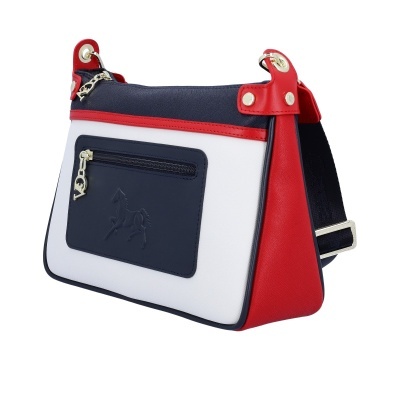 Mala transversal tricolor com bolso azul marinho e pendente VQ
