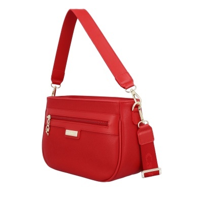 Mala vermelha de mão em material sintético com alça larga e fecho de correr