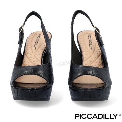 Sandálias pretas estilo croco com salto plataforma e palmilha bege acolchoada da PICCADILLY