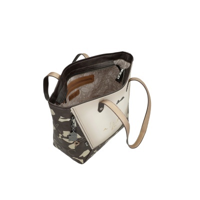 Mala de ombro Anekke castanha e bege com padrão geométrico e interior estampado.