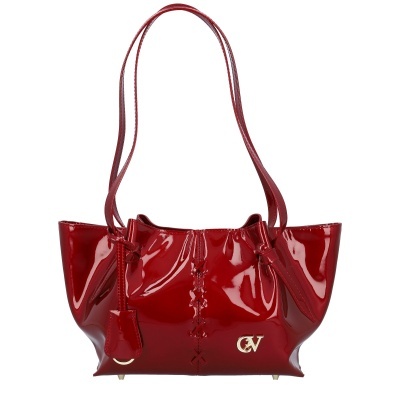 Mala tote vermelha brilhante com alças e logo dourado