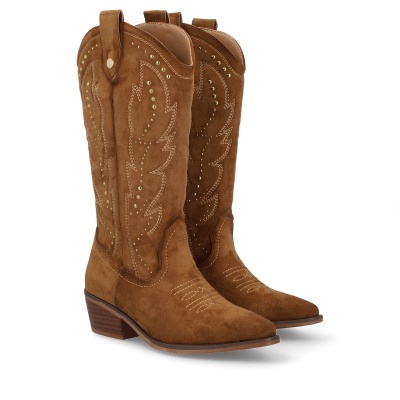 Botas cowboy castanhas em camurça com decoração e salto médio
