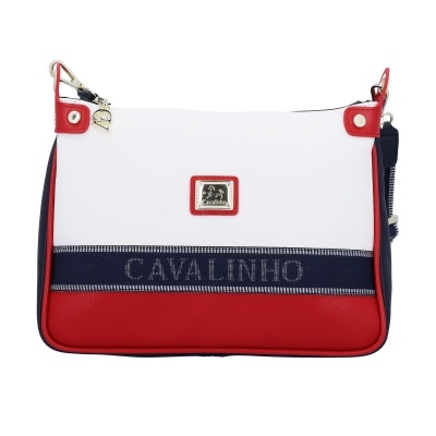 Mala de ombro Cavalinho em tecido branco, azul e vermelho com detalhes em couro vermelho e logo metálico