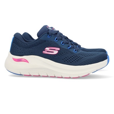 Ténis Skechers azul escuro com detalhes rosa e azul claro e sola branca