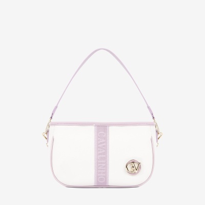 Mala de mão branca com detalhes lilás e pendente metálico CV