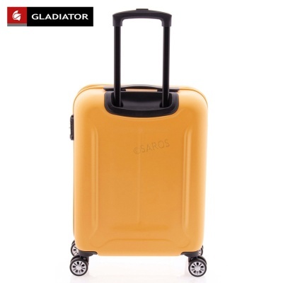 Mala de viagem rígida amarelo mostarda com rodas e alça telescópica preta