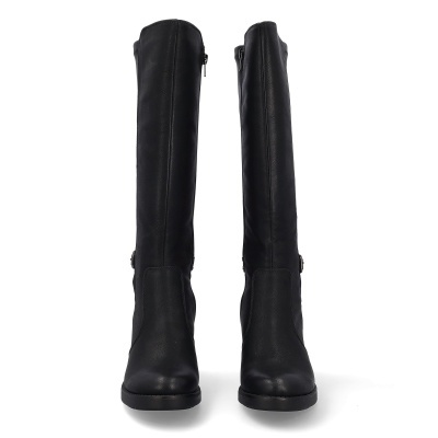 Par de botas altas pretas de couro com fecho lateral