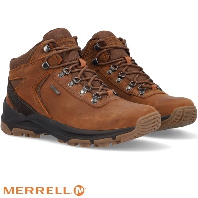 Botas castanhas Merrell em couro com atacadores e sola preta e castanha