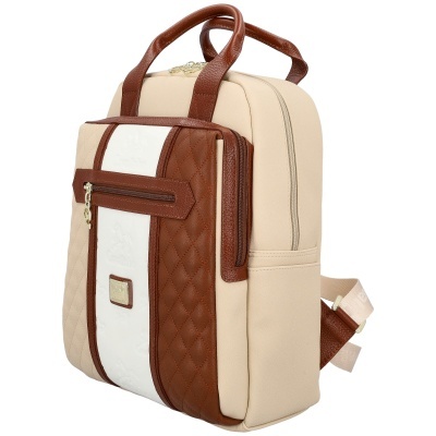 Mochila bege e castanha com bolso frontal e detalhes em branco com relevo e logotipo Carllino
