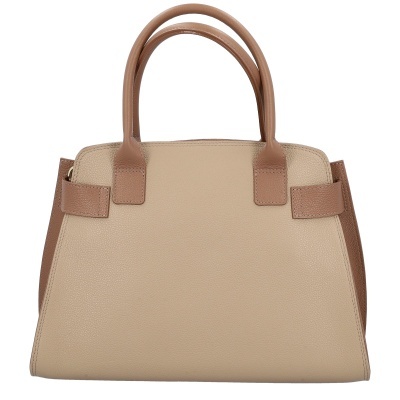 Mala de mão bege e castanha em pele sintética com alças arredondadas.