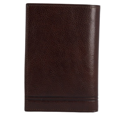 Carteira de couro castanho escuro com textura e costuras
