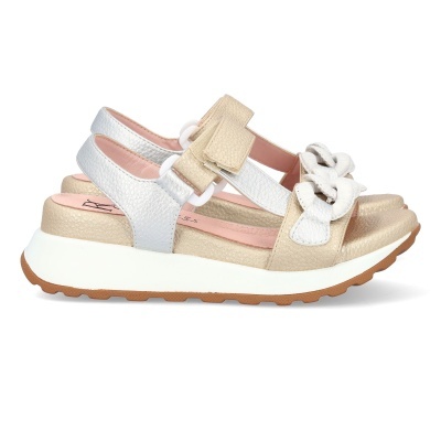 Sandálias de senhora bege e branco com sola branca e base castanha