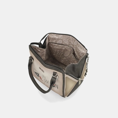 Mala de mão bege e castanha com bolso frontal e forro interior decorado