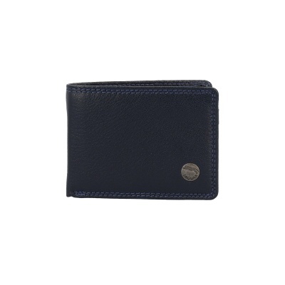 Carteira masculina preta em couro com costura azul e detalhe metálico JAGUAR