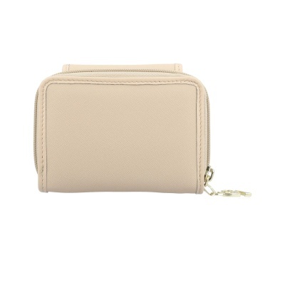 Carteira pequena bege com fecho dourado e anilha metálica
