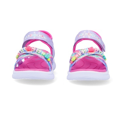 Sandálias infantis roxas e rosa SKECHERS com miçangas multicoloridas