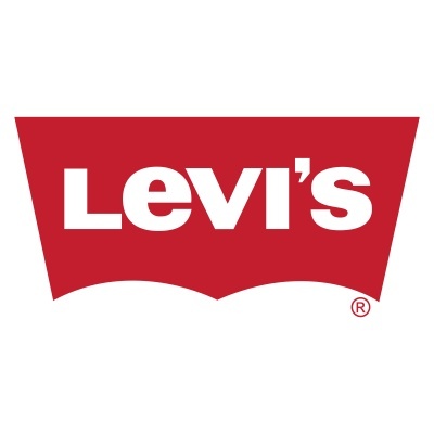 Logótipo da Levi's em branco sobre fundo vermelho trapezoidal