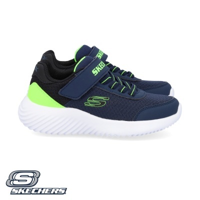 Ténis Skechers azul escuro com verde neon e sola branca