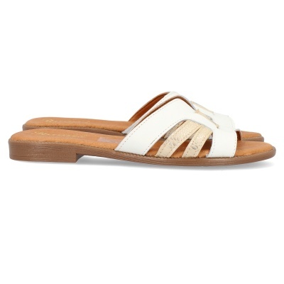 Sandália aberta feminina bege e branca com sola castanha