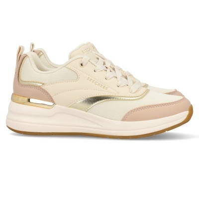 Sapatilhas creme com detalhes dourados e bege SKECHERS, sola branca e castanha.