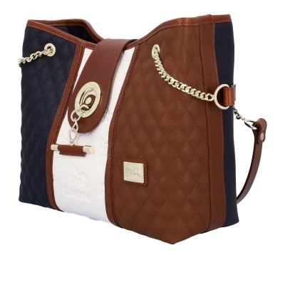 Bolsa de senhora tricolor com padrão acolchoado e alças douradas