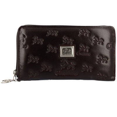 Carteira castanha de couro com relevo e fecho prateado