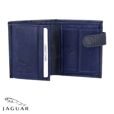 Carteira masculina azul de couro com fecho aba texturizada e compartimentos para cartões