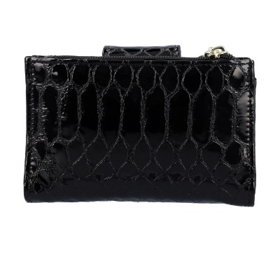 Carteira preta com padrão de pele de crocodilo e fechos na parte superior