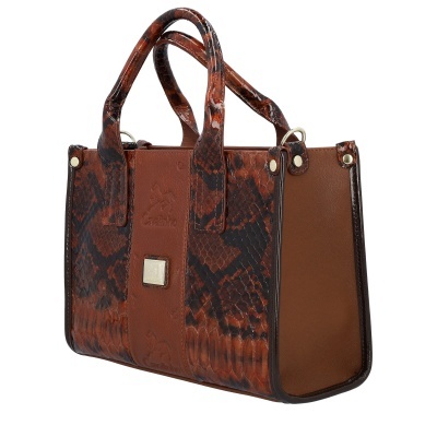 Mala de senhora castanha com padrão de pele de cobra e alças duplas