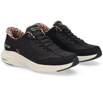 Sapatilhas Skechers Slip-Ins pretas com padrão animal interior e sola branca