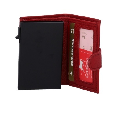 Carteira vermelha de couro com fecho e proteção preta para cartões RFID
