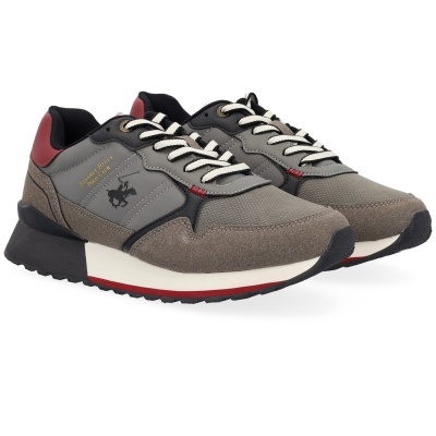 Sapatilhas masculinas cinza Beverly Hills Polo Club com atacadores brancos e detalhes castanho e vermelho