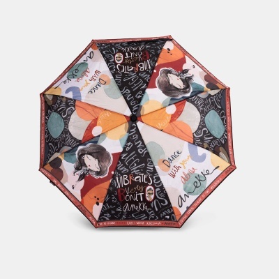 Guarda-chuva aberto com padrão colorido e textos escritos