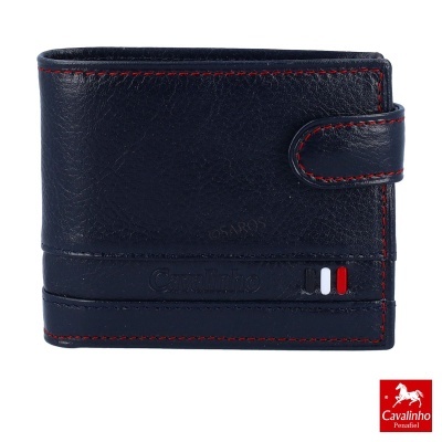 Carteira em pele azul escura com costura vermelha e detalhes tricolores