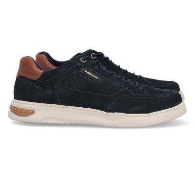 Sapatilhas masculinas azuis escuro com detalhes castanhos e sola branca da marca PEGADA