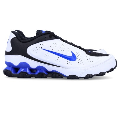 Ténis desportivos Nike branco, preto e azul com logotipo azul no lado lateral
