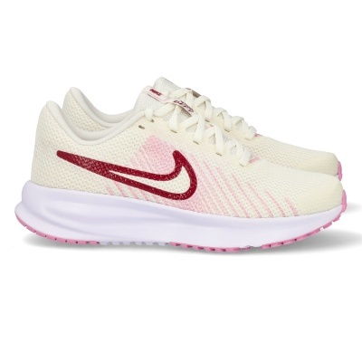 Ténis Nike de corrida branco creme com padrão rosa e símbolo vermelhos