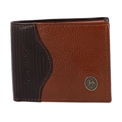 Carteira de couro bicolor castanha e castanho escuro com logo de cavalo metálico