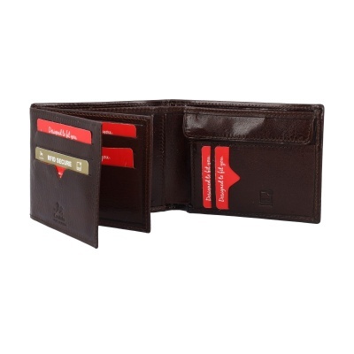 Carteira masculina de couro castanho aberta com cartões visíveis