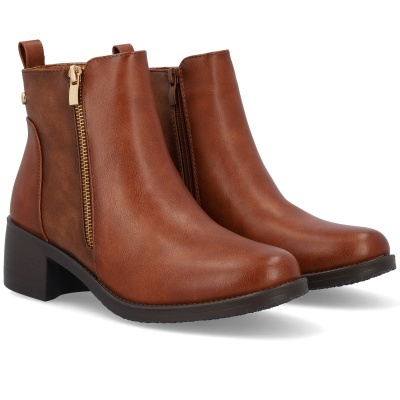 Botas castanhas de salto baixo com fecho lateral dourado