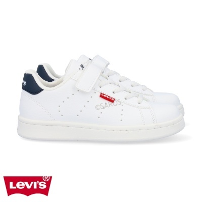 Ténis infantis Levi's brancos com detalhes em azul escuro e fecho de velcro