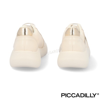 Sapatilhas brancas com detalhes dourados e sola alta, vistas de trás, com logo PICCADILLY