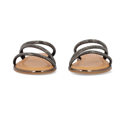 Sandálias rasas com tiras finas de cristais pretos